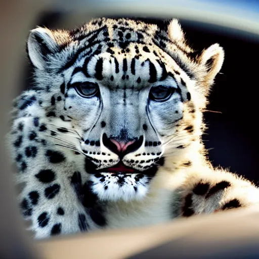 Image similar to snow leopard driving a car, professional photo