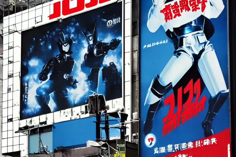 Image similar to Jiban, O policial de aço:: Tokusatsu:: Metal Hero:: minimalist:: billboard advertising outdoor:: Japanese:: 80's