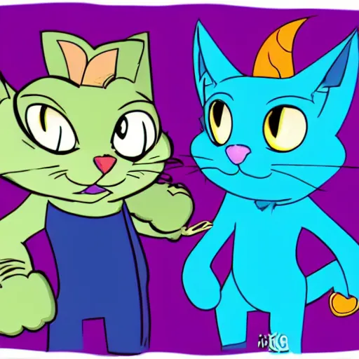 Image similar to a pair of blue cat characters in the style of 9 0 s nickelodeon cartoons, on an interesting adventure