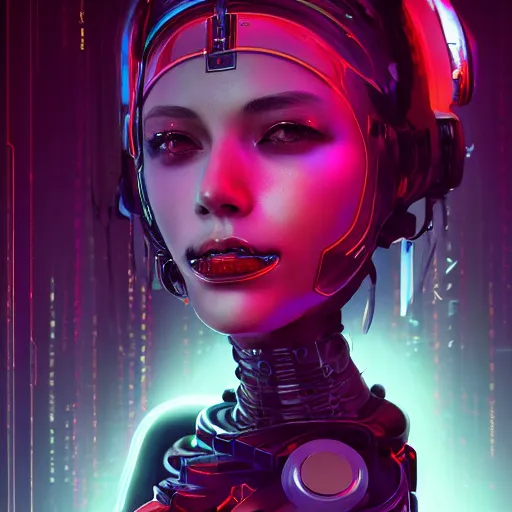 Prompt: a portrait of a cyberpunk robot geisha sorceress, warcore, sharp focus, detailed, artstation, concept art, 3 d + digital art, wlop style, biopunk, neon colors, futuristic, neon noire, storytelling