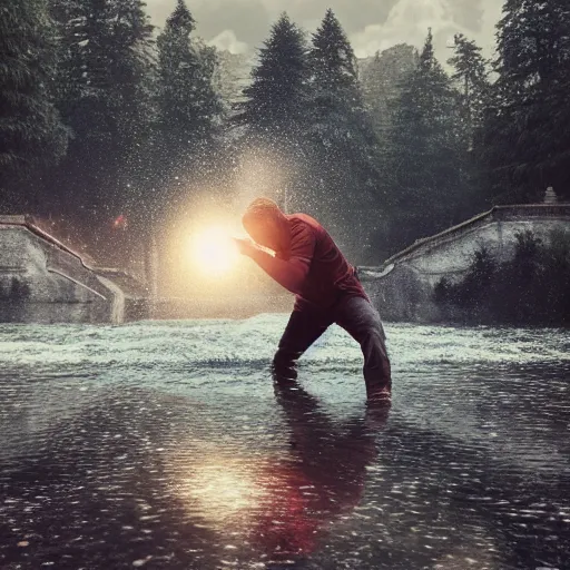 Image similar to angry man throwing his phone into a river, dslr, 8 k, octane beautifully detailed render, sad mood, cinematic lighting, detailed photo, masterpiece, volumetric lighting, ultra realistic, highly detailed, high quality, lossless, photorealistic