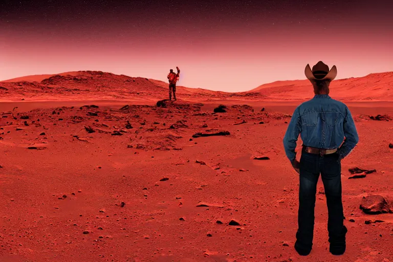 Prompt: old western cowboy with hand on hip on posing to camera on mars, distant background, red lighting, ominous, moonlight, bokeh, depth of field, synthwave, psychedelic, glitch, acrylic, flooko, detailed, cybernetic, sci-fi, glows,