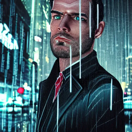 Image similar to stylish man cartoon portrait made out of rain, pinstripe suit, cyberpunk background, rendered in octane, unreal engine, highly detailed, trending on artstation, realistic, neon, beautiful, volumetric lighting, depth of field