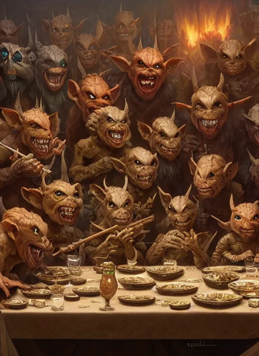 Image similar to highly detailed closeup group portrait of medieval goblins having a banquet, stephen bliss, unreal engine, greg rutkowski, ilya kuvshinov, ross draws, hyung tae and frank frazetta, tom bagshaw, tom whalen, nicoletta ceccoli, mark ryden, earl norem, global illumination, god rays, detailed and intricate environment