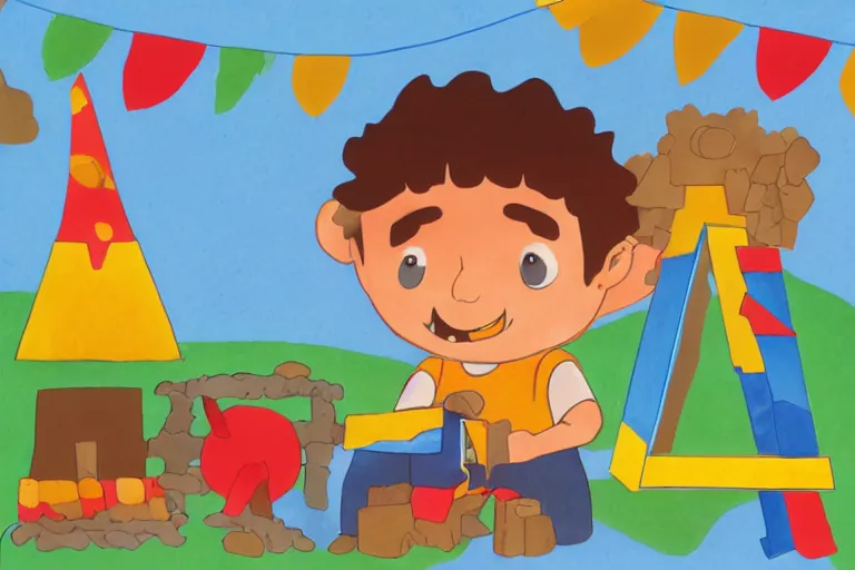 Prompt: a children's book illustration of a cute happy little boy building the biggest volcano out of building blocks