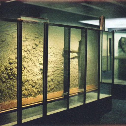 Prompt: spooky creepy liminal space, display case, aquatic exhibition science museum, dusty dried cracked aquarium, computer screens, photo taken on fujifilm superia