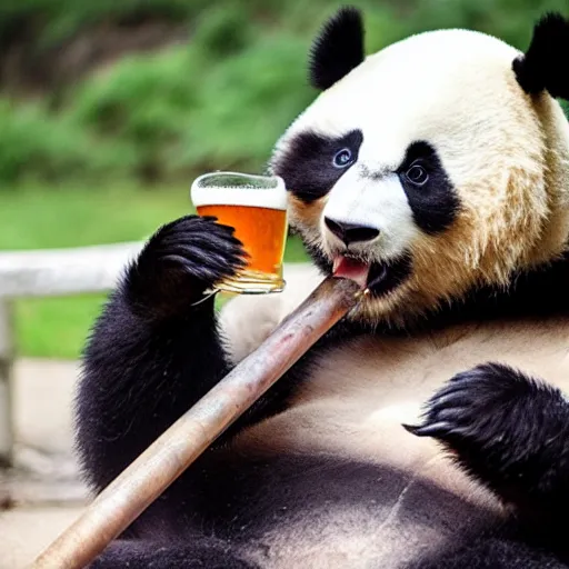 Prompt: big panda drinking beer