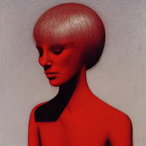 Image similar to portrait of pale white young girl in old red dress with black dark short hairs by Beksinski