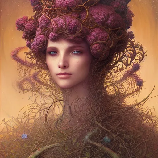 Image similar to a beautiful detailed front view portrait of a woman with ornate growing around, ornamentation, flowers, elegant, beautifully soft lit, golden ratio, full frame, by wayne barlowe, peter mohrbacher, kelly mckernan,