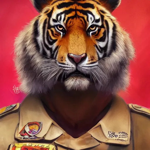 Image similar to a aesthetic award winning commission portrait of a cute baby anthro tiger wearing military uniform,digital art,art by greg rutkowski,art germ,charles bowater,trevor henderson,detailed beautfiul face,photorealistoc,hyperdetailed,dramatic,artstation,deviantart,professional lighting,beautiful face,cub,wholesome