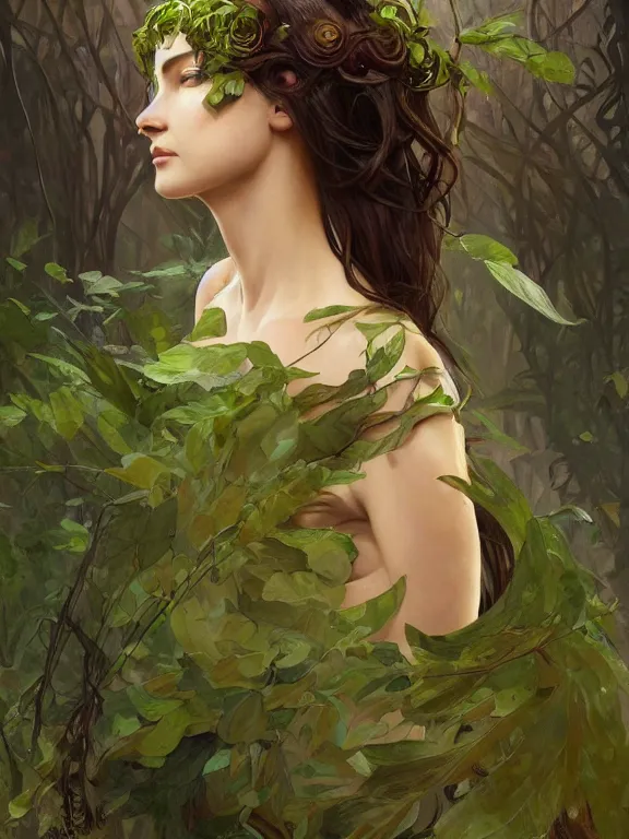 Prompt: portrait of a forest mage, female, delicated facial features, dress made of green leaves, gorgeous, green hair, brown skin, curves, shapely derriere, forest background, highly detailed, smooth, digital painting, artgerm and greg rutkowski and alphonse mucha