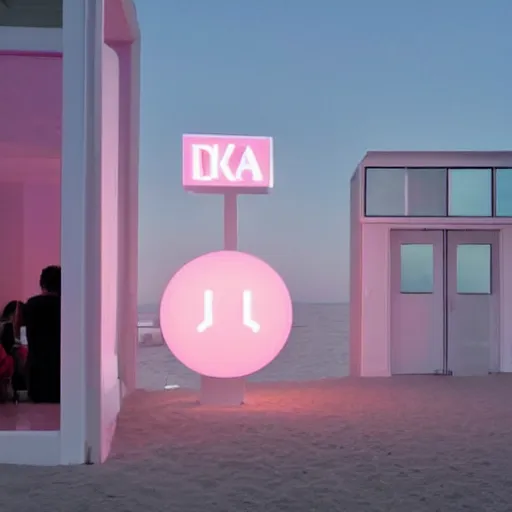 Image similar to An ultra high definition, professional photograph of an outdoor partial IKEA showroom inspired sculpture with a white outdoor dot matrix light sign displaying an emoji, located on a pastel pink beach ((with pastel pink, dimpled sand where every item is pastel pink. )) The sun can be seen rising through a window in the showroom. The showroom unit is outdoors and the floor is made of dimpled sand. The showroom unit takes up 20% of the frame and is surrounded by barren beach environment. A square dot matrix sign displays an emoji somewhere in the scene. Morning time indirect lighting with on location production lighting on the showroom. In the style of wallpaper magazine, Wes Anderson.