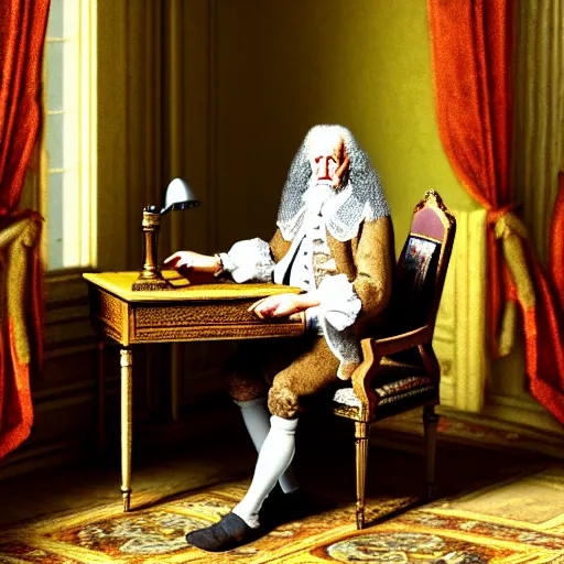 Image similar to An extremely detailed render of a 200 years old man with very old clothes, sitting at his Louis XIV desk, with very old curtains in the room, very old room. The very very very old man has a 1880 phone on his desk. Dust in the air, god rays, raytracing shadows, ambient occlusion, 8K, RTX 3090, trending on artstation, lumens