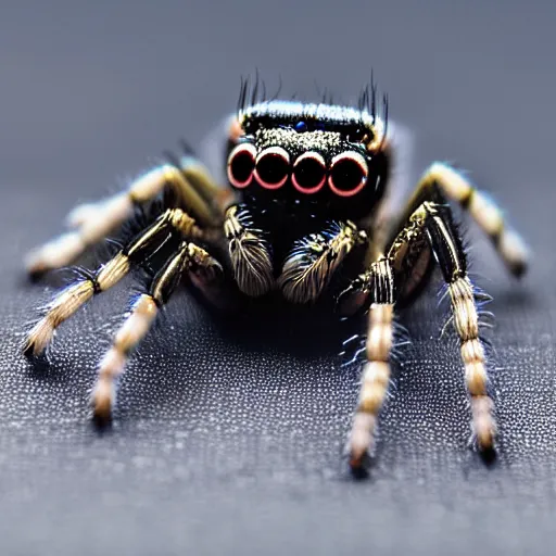 Image similar to a jumping spider, using a miniature computer keyboard, by pixar, macro lens, iridescent