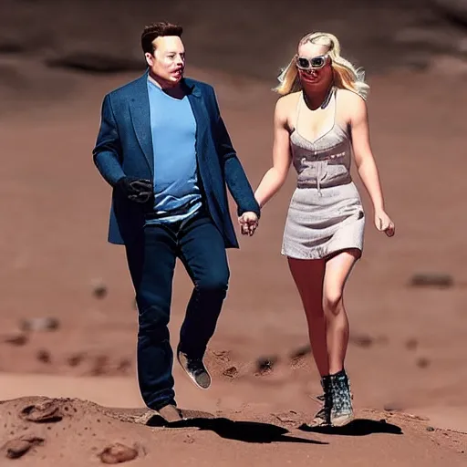 Image similar to elon musk and margot robbie holding hands on mars, highly detailed, hyper realistic