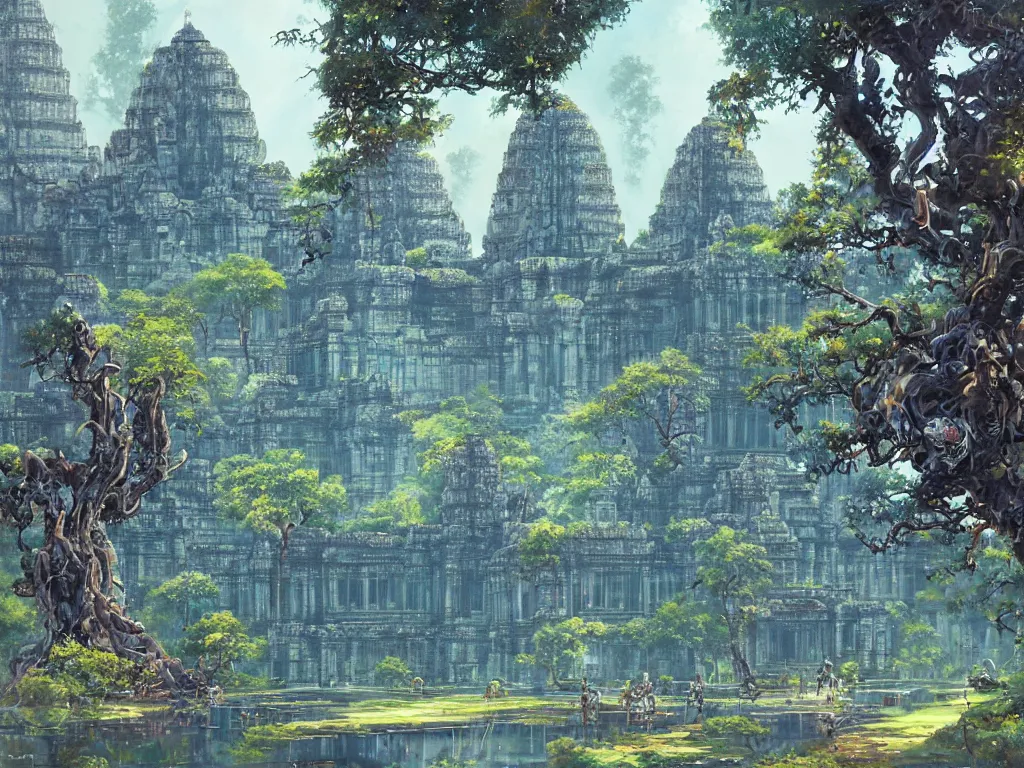 Image similar to a distant cyberpunk angkor wat, sky, portals, sparkling, reflecting pool, robots, ancient trees by paul lehr, jesper ejsing