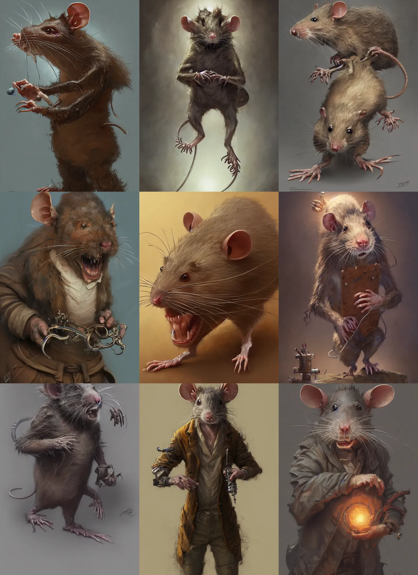 Prompt: a detailed portrait and full body of a mad scientist rat, by justin gerard and greg rutkowski, digital art, realistic painting, dnd, character design, donato giancola and greg rutkowski, realistic face, digital art, trending on artstation