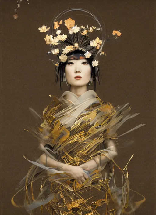 Image similar to portrait of a futuristic geisha, kintsugi, modern fine art, fractal, intricate, elegant, highly detailed, digital photography, subsurface scattering, by jheronimus bosch and greg rutkowski,