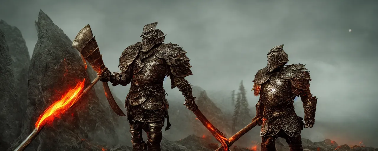 Image similar to full body portrait photo of a brutal nordic Warrior, wearing intricate steel armor, holding magical fiery battle-axe, sharp focus, highland landscape with few trees background, magical aura, heroic pose, fantasy style, octane render, volumetric lighting, 8k high definition, highly detailed, trending on ArtStation, centered