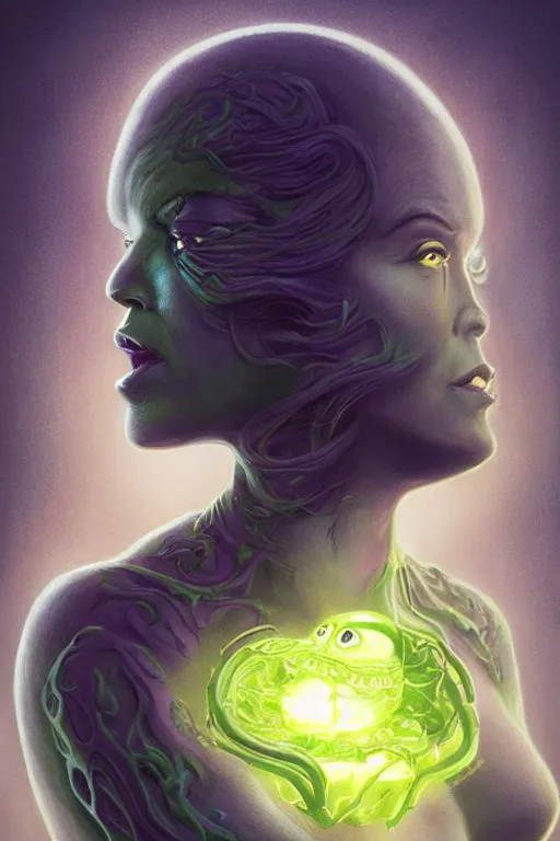 Prompt: beautiful woman fused with slimer, lovecraft, android, cosmic entity, the thing, the blob, portrait, intricate details, by vincent di fate, artgerm, julie bell, beeple and Greg Rutkowski, 80s, concept, Smooth gradients, octane render, 8k, High contrast, duo tone, depth of field, very coherent symmetrical artwork