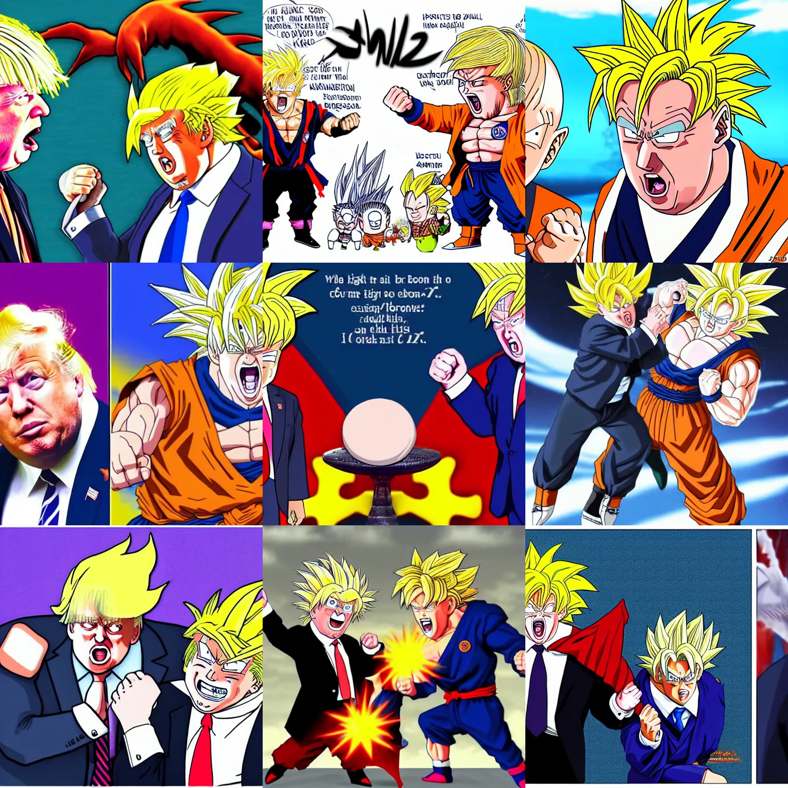 Prompt: boris johnson and trump fighting dragon ball z style, high detail