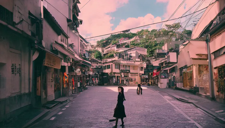 Image similar to a 3 5 mm photo by petra collins of a beautiful day in a city that looks like toyko, paris, kyoto and jiufen, cinematic lighting, cinematic look, golden hour, the clouds are epic and colorful with cinematic rays of light, a girl walks down the center of the street in a gucci dress, uhd