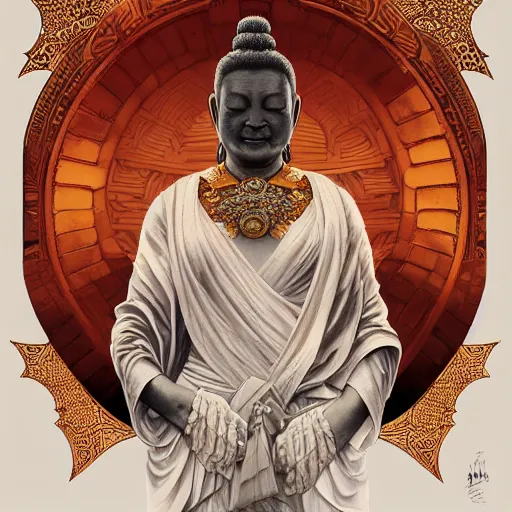 Prompt: Buddah, D&D, intricate, elegant, highly detailed, digital painting, artstation, concept art, matte, sharp focus, illustration, art by Artgerm and Greg Rutkowski and Alphonse Mucha]