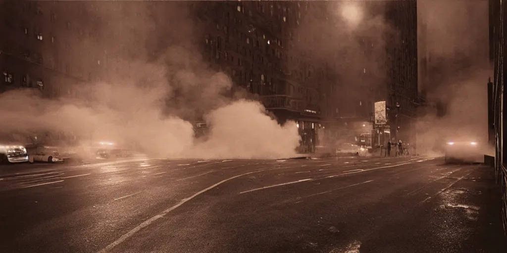 Prompt: a high resolution photo of a new york street at night surrounded with smoke and cars with bright headlights by joel meyerowitz, realistic photo, trending on artsation,