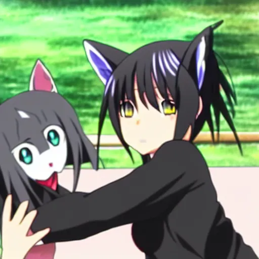 Image similar to Screenshot of Rika from the anime Higurashi no Naku Koro Ni petting a cat, Rika is petting a cute black cat, detailed eyes, detailed face