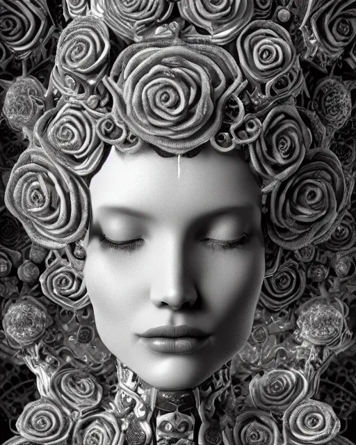 Image similar to mythical dreamy black and white organic bio-mechanical spinal ribbed profile face portrait detail of translucent steampunk beautiful female angelic-human-queen-vegetal-cyborg, highly detailed, intricate crystal ivy jelly ornate, poetic, translucent roses ornate, 3D render, digital art, octane render, 8K artistic photography, photo-realistic, by Dora Maar