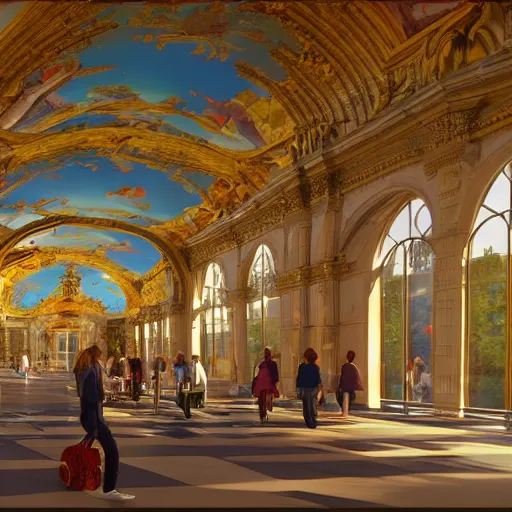 Prompt: a colorful airport terminal in the baroque architectural style from 1 7 0 0 s europe, with travellers walking around and planes visible through the windows, octane render, unreal engine, photorealistic, filled with natural light