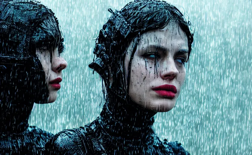 Image similar to cinestill 5 0 d candid photographic portrait by christopher nolan of two loving female androids wearing rugged black mesh techwear in treacherous waters, extreme closeup, modern cyberpunk moody sobbing cinematic, pouring rain menacing lights shadows, 8 k, hd, high resolution, 3 5 mm, f / 3 2, ultra realistic faces, ex machina