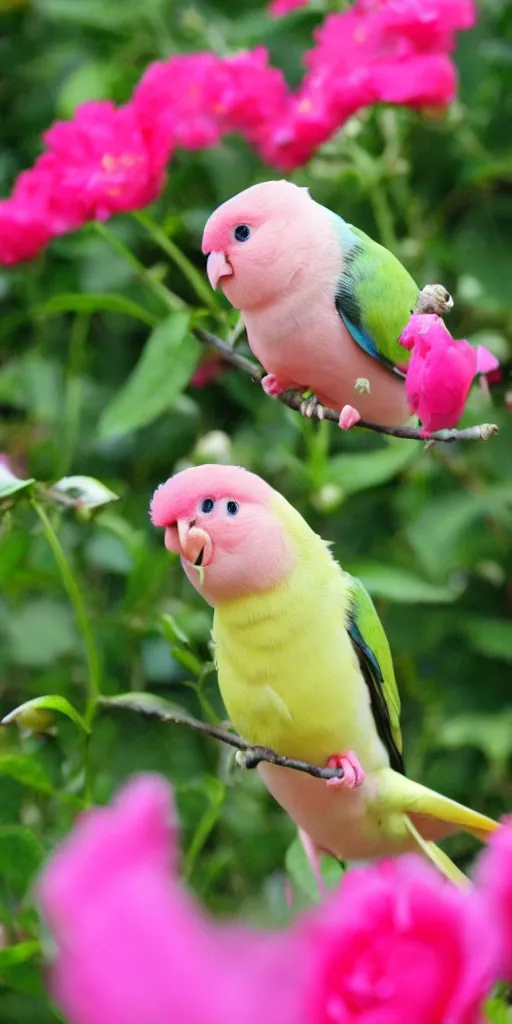 Image similar to a cute pink and white rosy - faced lovebird eating an ice cream in a flower garden. cell phone photograph