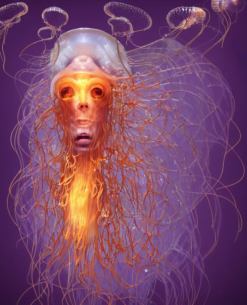 Image similar to close-up portrait of the face of a beautiful princess in a twisted flowers jellyfish mask surrounded by energy flow, epic angle and pose, symmetrical artwork, 3d with depth of field, blurred background, floating jellyfish skull phoenix bird, translucent, nautilus, energy flows of water and fire. a highly detailed epic cinematic concept art CG render. made in Maya, Blender and Photoshop, octane render, excellent composition, cinematic dystopian brutalist atmosphere, dynamic dramatic cinematic lighting, aesthetic, very inspirational, arthouse. y Greg Rutkowski, Ilya Kuvshinov, WLOP, Stanley Artgerm Lau, Ruan Jia and Fenghua Zhong