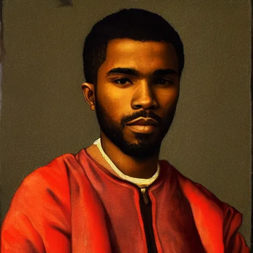 Image similar to a renaissance style portrait painting of frank ocean