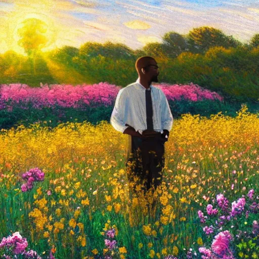 Image similar to a lightskin black man with short hair in a vast field of flowers, using a macbook laptop, wide shot, golden hour, vintage, impressionist painting, fine art, oil painting, dreamy, pastel, happy, intricate details, sharp, peaceful, serene