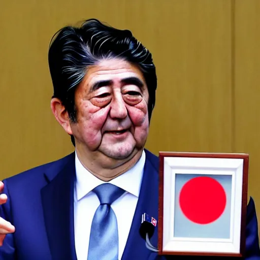 Prompt: shinzo abe holding a statistical graph of the japanese birth rate climbing up