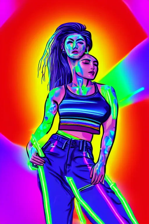 Image similar to a award winning half body portrait of a beautiful woman with stunning eyes in a croptop and cargo pants with rainbow colored hair blowing in the wind, outlined by whirling illuminated neon lines, outrun, vaporware, shaded flat illustration, digital art, trending on artstation, highly detailed, fine detail, intricate