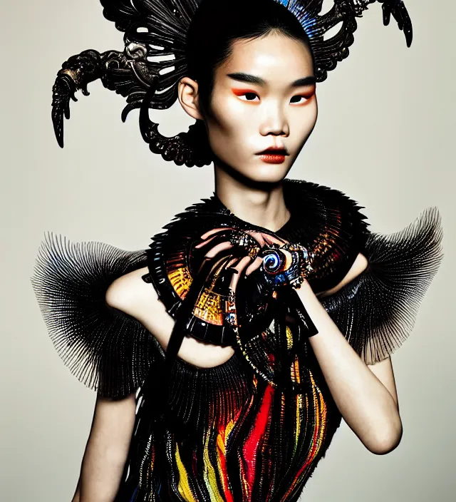 Image similar to photography american portrait of stunning model ming xi. great hair style, half in shadow, natural pose, natural lighing, rim lighting, wearing an ornate stunning sophisticated outfit created by iris van herpen, with a colorfull makeup by benjamin puckey, highly detailed, skin grain detail, photography by paolo roversi