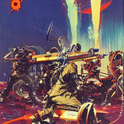 Prompt: cyberpunk samurai squad attack, 1 9 6 0 s vintage pulp sci - fi, art by bruce pennington