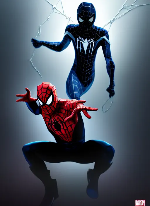 Image similar to cyber spider man as a brooding figure of the dark caught in the never - ending push and pull between good and evil, heaven vs. hell background, diffuse lighting, fantasy, intricate, highly detailed, lifelike, photorealistic, digital painting, artstation, illustration, concept art, smooth, sharp focus, art by john collier and albert aublet
