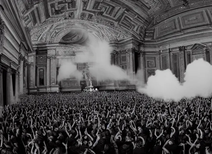 Image similar to a high resolution photograph of sunn o ) ) ) playing live at the vatican with monk robes, smoke machines, huge walls of amplifiers, many amplifiers stacked high, ornate