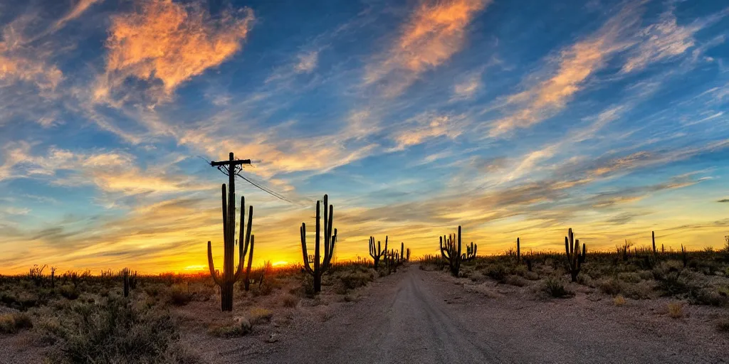 Image similar to long road telephone poles clouds sunset desert cactus photography HDR 8k