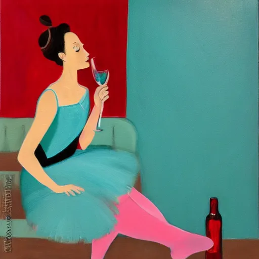 Image similar to painting of a ballerina drinking wine in a teal room, red background