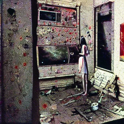 Prompt: 3 5 mm color photography, glitch, joel - peter witkin, beksinski, and stephen gammell, video still of apartment block