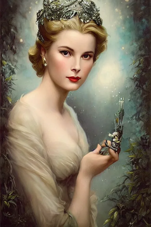 Image similar to a young and extremely beautiful grace kelly infected by night by tom bagshaw in the style of a modern gaston bussiere, art nouveau, art deco, surrealism. extremely lush detail. melancholic scene infected by night. perfect composition and lighting. profoundly surreal. high - contrast lush surrealistic photorealism. sultry and mischievous expression on her face.