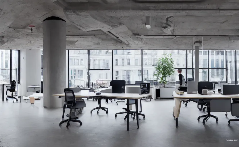 Image similar to a cool office, nordic style, high quality, 8 k, architecture, symmetrical, harmonious comp