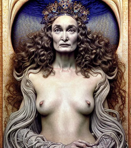 Prompt: detailed realistic beautiful jessica lange as queen of jupiter face portrait by jean delville, gustave dore and marco mazzoni, art nouveau, symbolist, visionary, gothic, pre - raphaelite. horizontal symmetry by zdzisław beksinski, iris van herpen, raymond swanland and alphonse mucha. highly detailed, hyper - real, beautiful