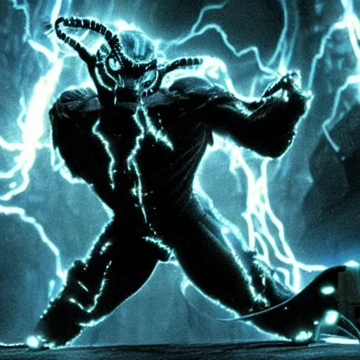 Image similar to a movie still with the balrog from lord of the ring in tron, highly detailed, realistic, photo, polaroid