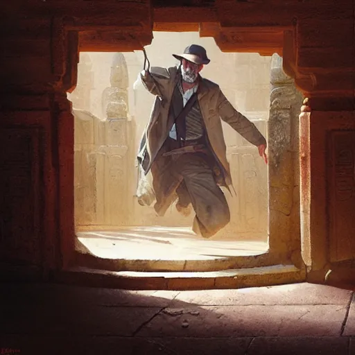 Image similar to indiana jones stealing a catalytic convertor, that is on a trapped pedastal, from inside a temple, painted by greg rutkowski